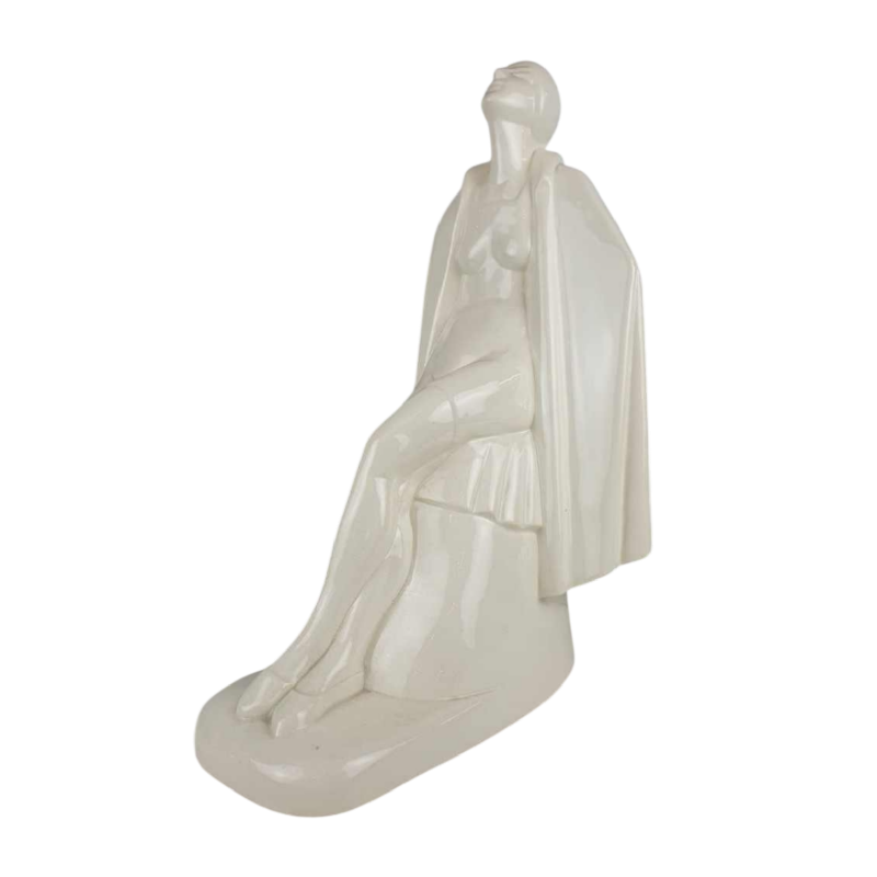 Louis Rivet 'Femme nue sortant du bain' sculpture en céramique Art Déco, craquelé blanc, ca 1930