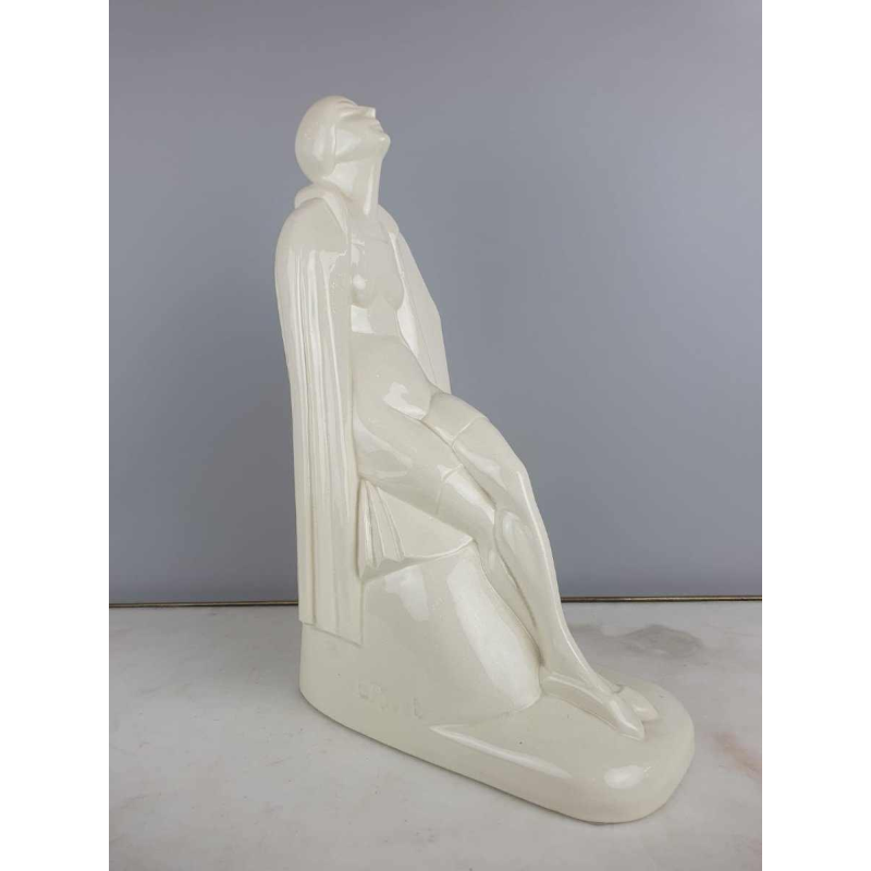 Louis Rivet Naked woman out of the bath Art Deco ceramic sculpture, white craquelé, ca 1930