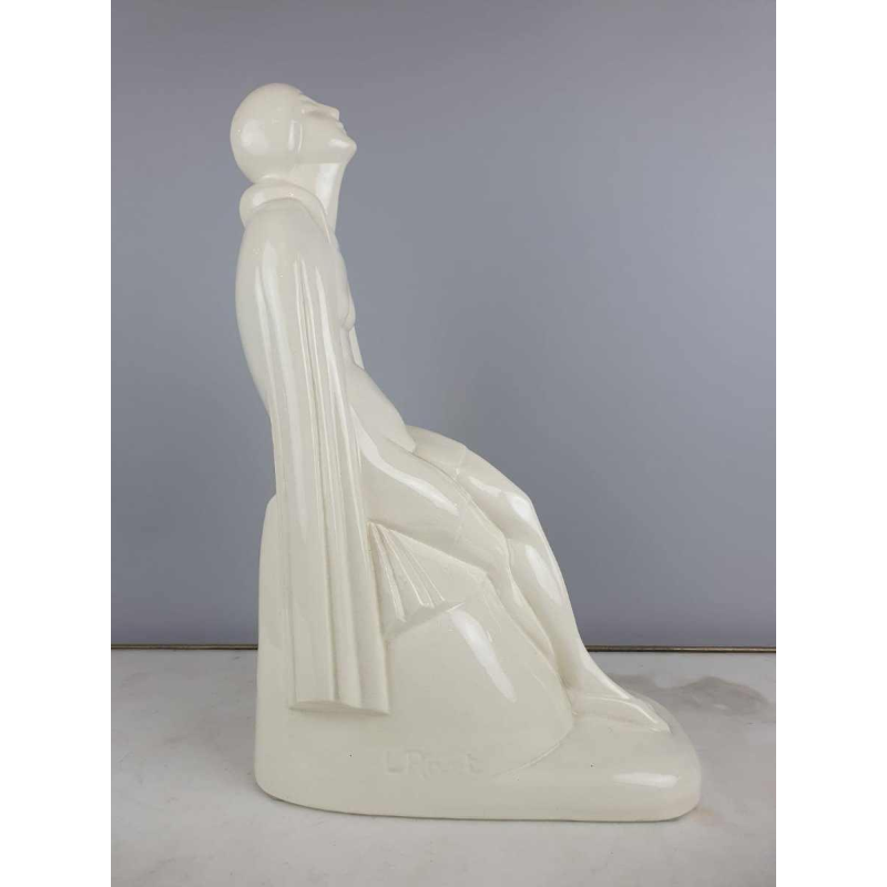 Louis Rivet 'Naakte vrouw uit bad' Art Deco keramische sculptuur, wit craquelé, ca 1930