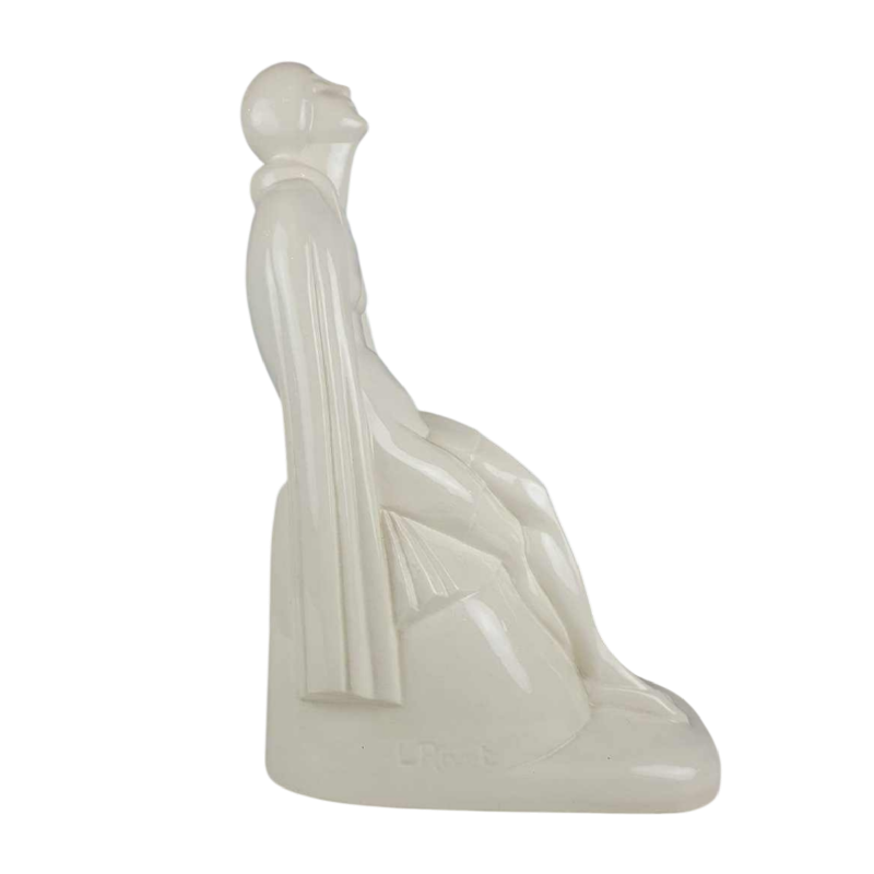 Louis Rivet 'Femme nue sortant du bain' sculpture en céramique Art Déco, craquelé blanc, ca 1930