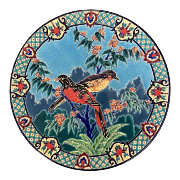 Emaux de Longwy Minivets d'Asie cloisonné enamel dish representing 2 birds & foliage
