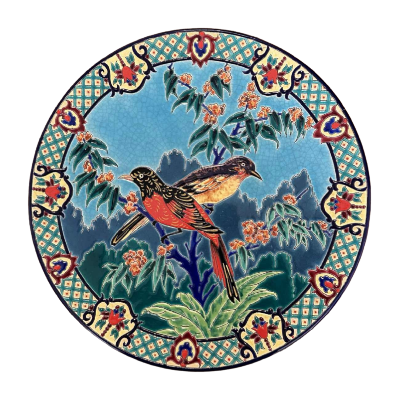 Emaux de Longwy Minivets d'Asie cloisonné enamel dish representing 2 birds & foliage