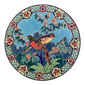 Emaux de Longwy Minivets d'Asie cloisonné enamel dish representing 2 birds & foliage