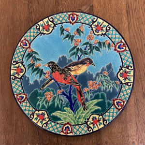 Emaux de Longwy Minivets d'Asie cloisonné enamel dish representing 2 birds & foliage