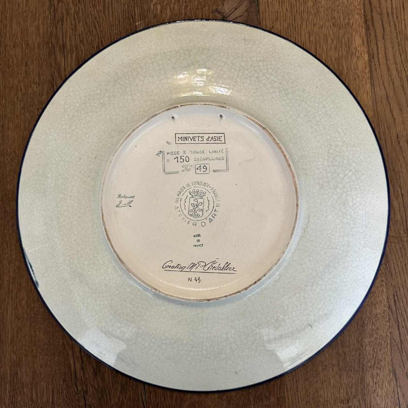 Emaux de longwy "Minivets d'Asie" plat émaux cernés cloisonné représentant 2 oiseaux & feuillage