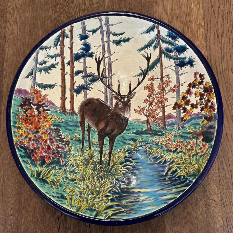 Emaux de Longwy, circular stag bowl with circled enamels enhanced JM (Justin Masson)
