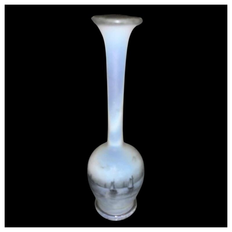 Daum soliflore vase in opalescent glass with grisaille decoration of a lakeside landscape