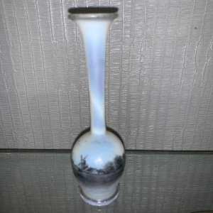 Daum soliflore vase in opalescent glass with grisaille decoration of a lakeside landscape