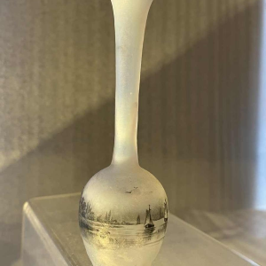 Daum soliflore vase in opalescent glass with grisaille decoration of a lakeside landscape