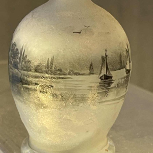 Daum soliflore vase in opalescent glass with grisaille decoration of a lakeside landscape