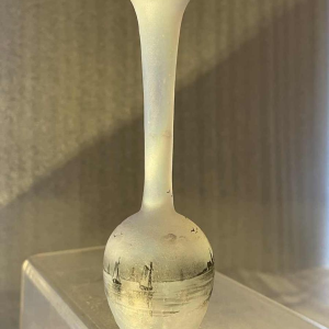 Daum soliflore vase in opalescent glass with grisaille decoration of a lakeside landscape