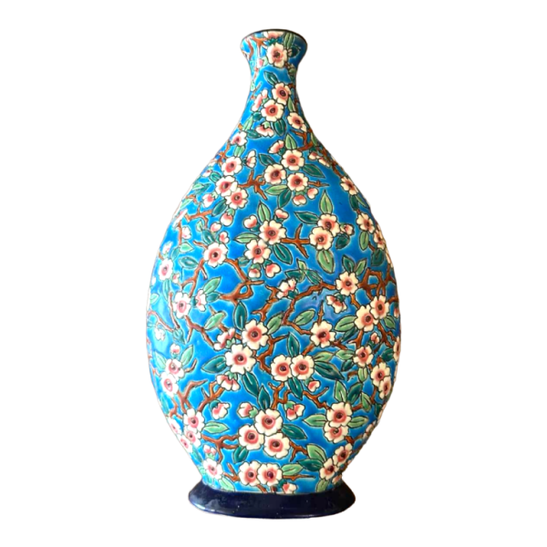 Emaux de Longwy, vase plat faïence, décor classique 188 dit "fleur de pommiers", émaillé cloisonné