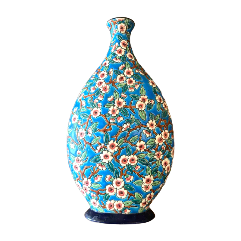 Emaux de Longwy, vase plat faïence, décor classique 188 dit "fleur de pommiers", émaillé cloisonné