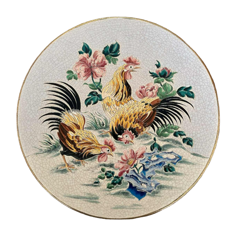 Emaux de Longwy, roosters and hens glazed earthenware dish, encircled enamels, fine gold border