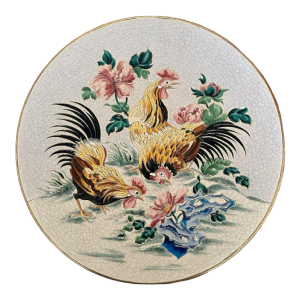Emaux de Longwy, roosters and hens glazed earthenware dish, encircled enamels, fine gold border