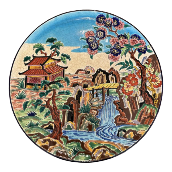 Emaux de Longwy & Ph Mignon  Chinees landschap  plat aardewerk geëmailleerd, geringd email