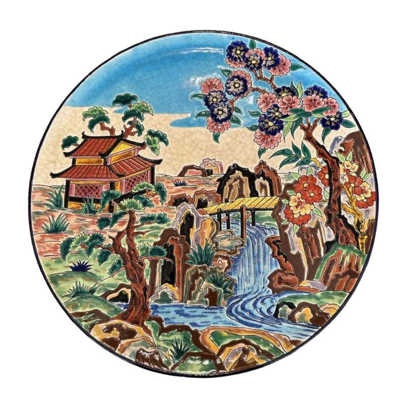 Emaux de Longwy & Ph Mignon  Chinese landscape  platen enamelled earthenware, ringed enamels