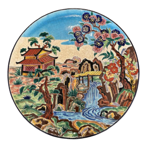Emaux de Longwy & Ph Mignon " Paysage chinois " platen faïence émaillée, émaux cernés