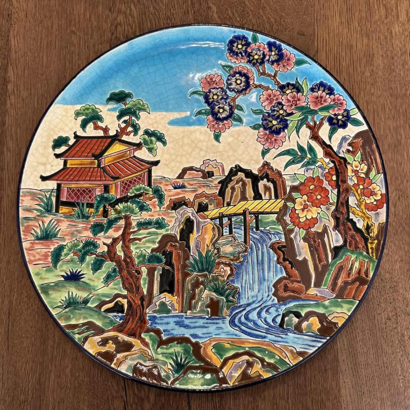 Emaux de Longwy & Ph Mignon  Chinese landscape  platen enamelled earthenware, ringed enamels