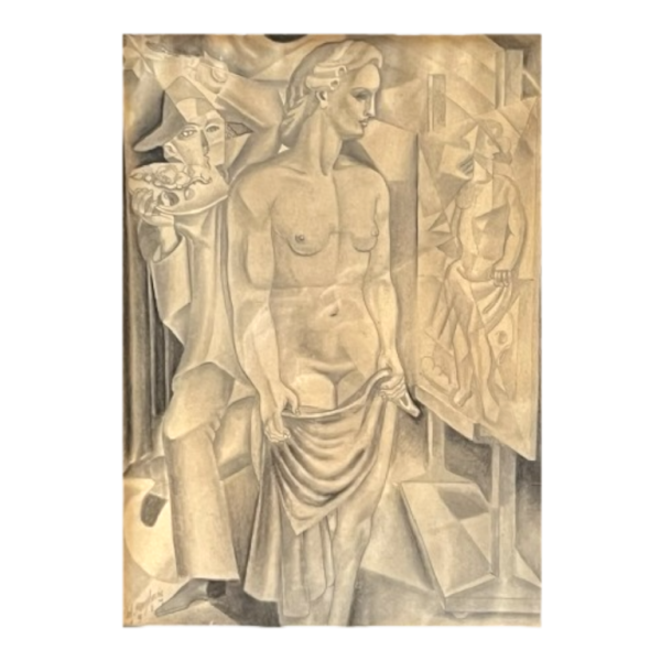 Edgar Scauflaire “Pierrot en Columbine” zelfportret kubistisch expressionistisch werk op papier, 1947