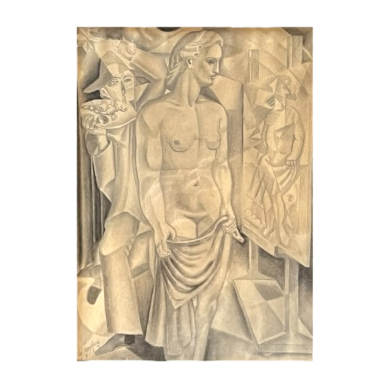 Edgar Scauflaire “Pierrot en Columbine” zelfportret kubistisch expressionistisch werk op papier, 1947