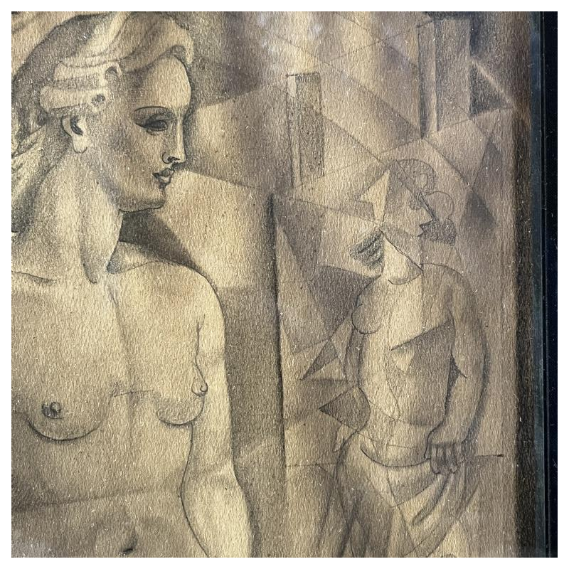 Edgar Scauflaire ‘Pierrot and Columbine’ self-portrait cubist expressionist work on paper, 1947