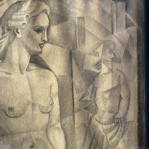 Edgar Scauflaire ‘Pierrot and Columbine’ self-portrait cubist expressionist work on paper, 1947