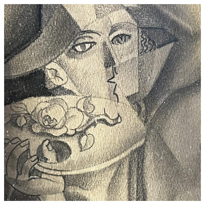 Edgar Scauflaire "Pierrot et Colombine" autoportrait oeuvre expressionniste cubiste sur papier, 1947