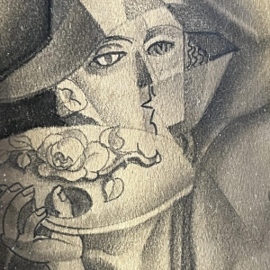 Edgar Scauflaire "Pierrot et Colombine" autoportrait oeuvre expressionniste cubiste sur papier, 1947