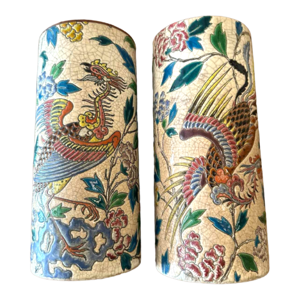Emaux de Longwy, paire de vases "au Phoenix", faïence émaillée cloisonnée, 19ème siècle