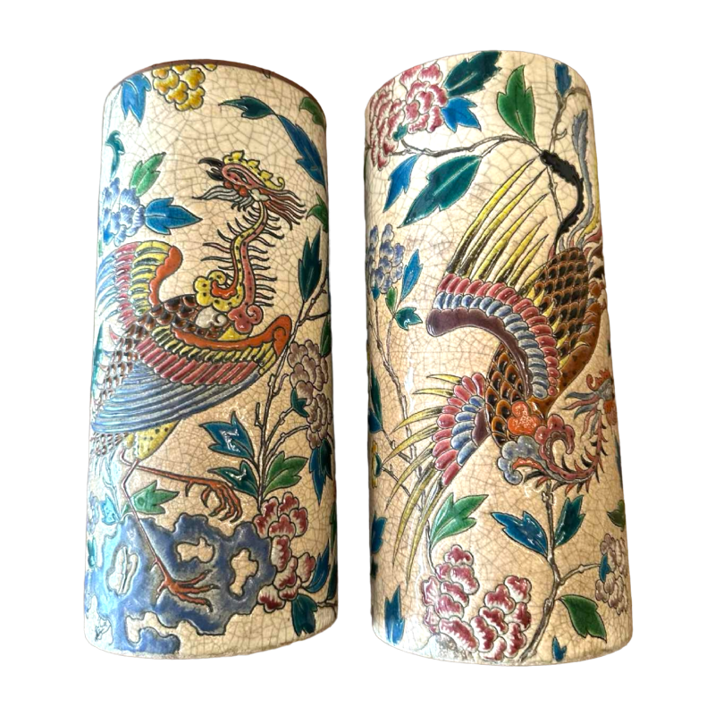 Emaux de Longwy, paire de vases "au Phoenix", faïence émaillée cloisonnée, 19ème siècle