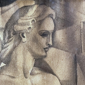 Edgar Scauflaire "Pierrot et Colombine" autoportrait oeuvre expressionniste cubiste sur papier, 1947