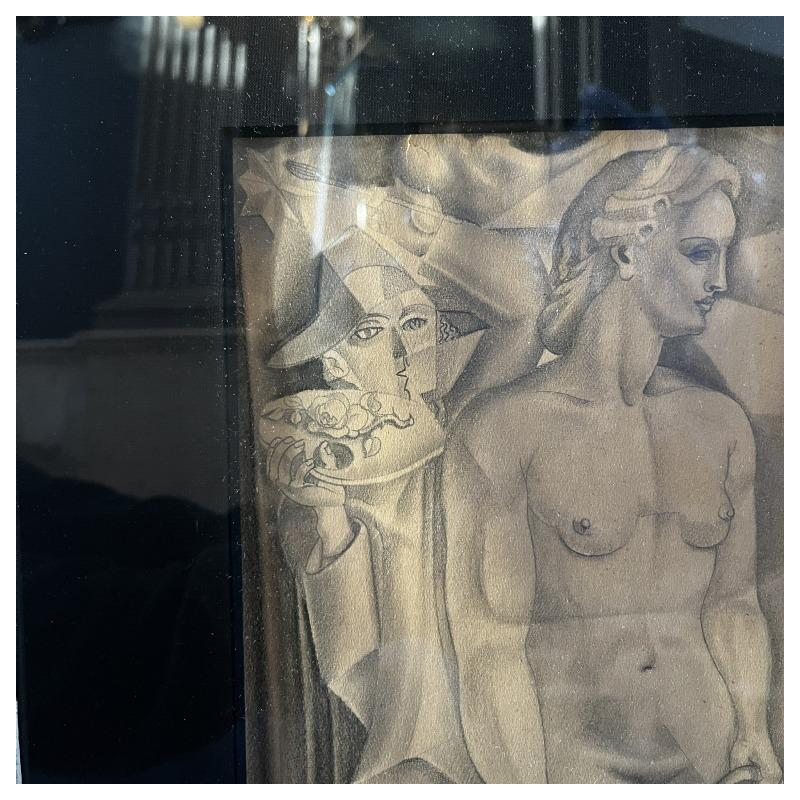 Edgar Scauflaire "Pierrot et Colombine" autoportrait oeuvre expressionniste cubiste sur papier, 1947