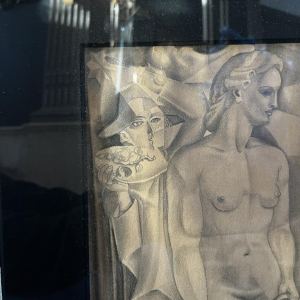 Edgar Scauflaire "Pierrot et Colombine" autoportrait oeuvre expressionniste cubiste sur papier, 1947