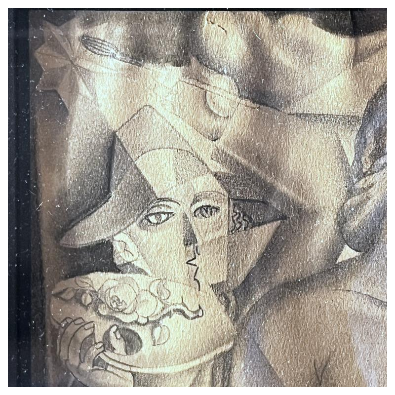 Edgar Scauflaire "Pierrot et Colombine" autoportrait oeuvre expressionniste cubiste sur papier, 1947