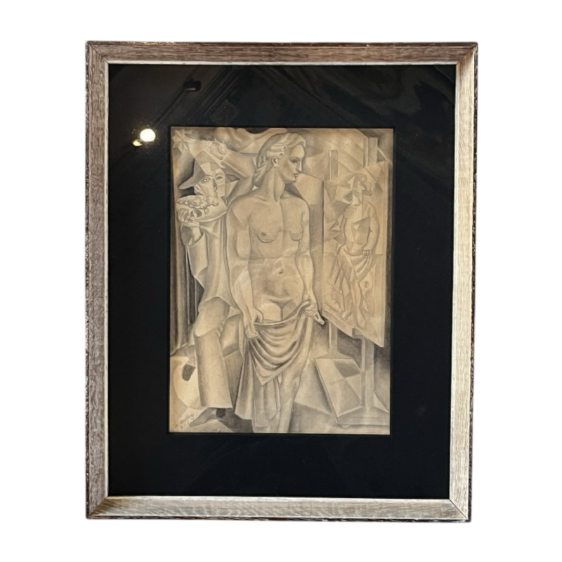 Edgar Scauflaire "Pierrot et Colombine" autoportrait oeuvre expressionniste cubiste sur papier, 1947