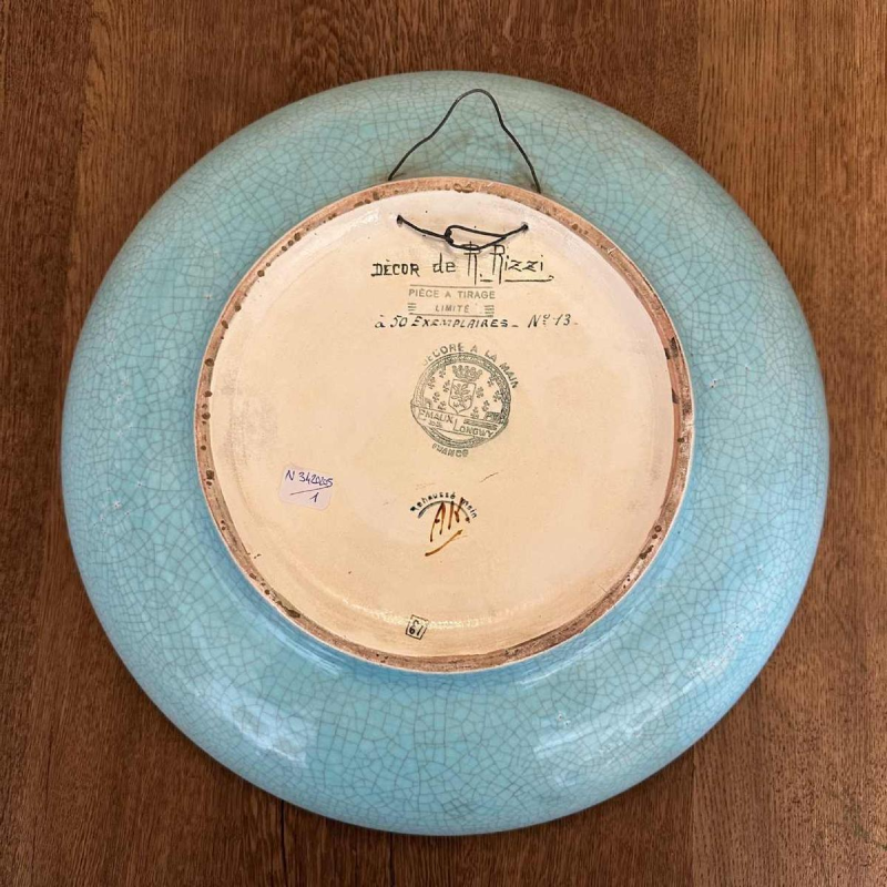 Emaux de Longwy, grande coupe circulaire, émaux cernés rehaussée AK (Albert Kirchstetter), décor Rizzi