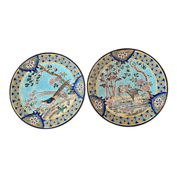 Emaux de Longwy pheasants and waders set of 2 Art Deco dishes, cloisonné enamels, ca 1920
