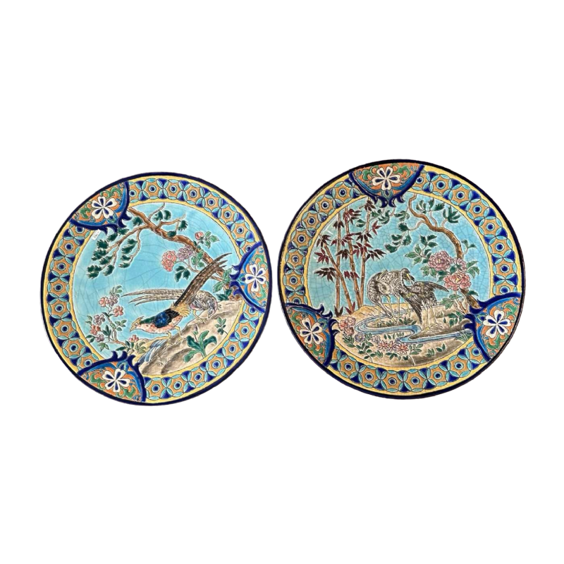 Emaux de Longwy fazanten en steltlopers set van 2 Art Deco schotels, cloisonné email, ca 1920