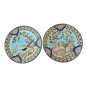 Emaux de Longwy pheasants and waders set of 2 Art Deco dishes, cloisonné enamels, ca 1920