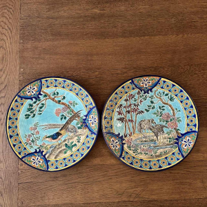 Emaux de Longwy fazanten en steltlopers set van 2 Art Deco schotels, cloisonné email, ca 1920