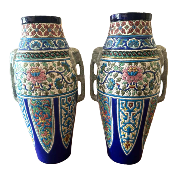 Emaux de Longwy, paar Art Deco vazen, handvaten met olifantenkop, cloisonné email, ca 1920