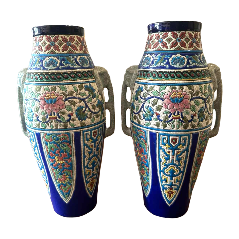 Emaux de Longwy, pair of Art Deco vases, elephant head handles, cloisonné enamels, ca 1920