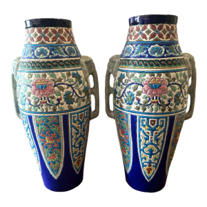 Emaux de Longwy, paire vases Art Déco, anses têtes d'éléphants, émaux cloisonnés, ca 1920
