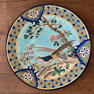 Emaux de Longwy fazanten en steltlopers set van 2 Art Deco schotels, cloisonné email, ca 1920