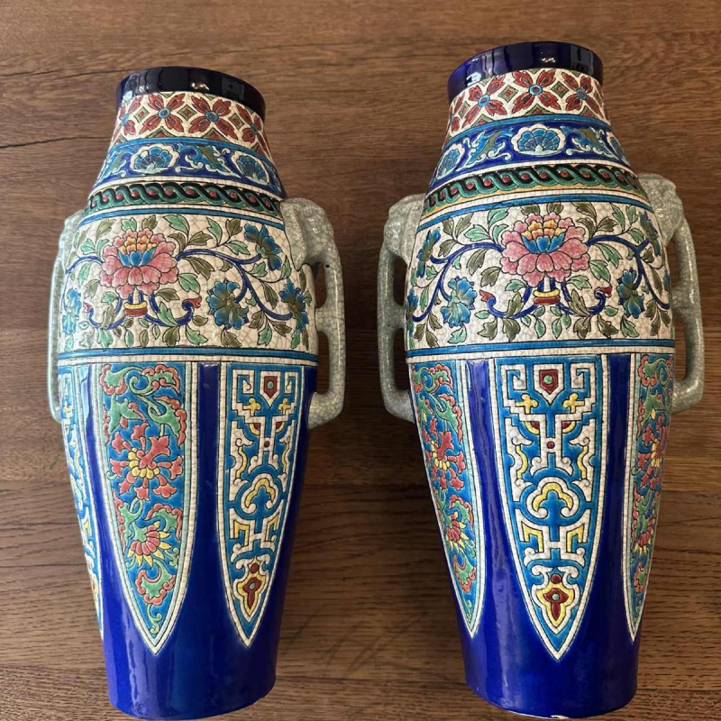 Emaux de Longwy, pair of Art Deco vases, elephant head handles, cloisonné enamels, ca 1920