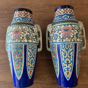 Emaux de Longwy, pair of Art Deco vases, elephant head handles, cloisonné enamels, ca 1920