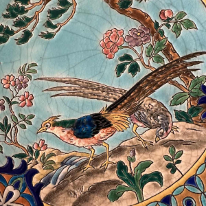 Emaux de Longwy pheasants and waders set of 2 Art Deco dishes, cloisonné enamels, ca 1920