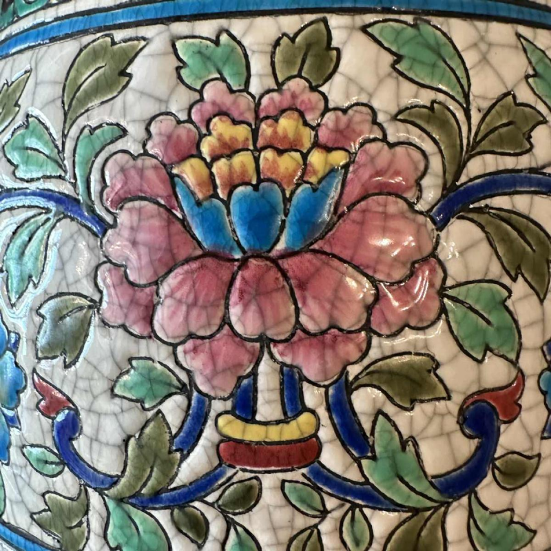 Emaux de Longwy, paar Art Deco vazen, handvaten met olifantenkop, cloisonné email, ca 1920