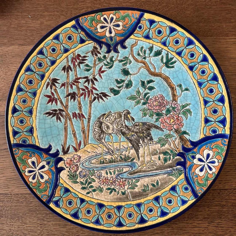 Emaux de Longwy "faisans et échassiers" set de 2 de plats Art Déco, émaux cernés cloisonnés, ca 1920